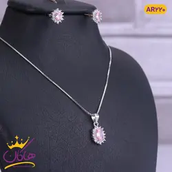 نیم ست نقره خورشیدی بیضی نگین صورتی | AR 220