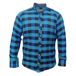 پیراهن نخی چهارخانه آبی مشکی