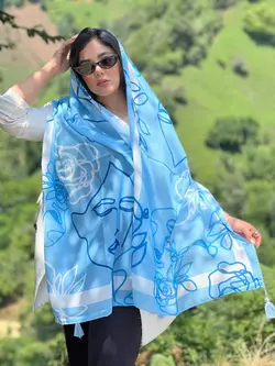 شال کالکشن آبی طرح چشم نظر و چهره (2092) | مادام بلا | شال دخترانه | روسری دخترانه