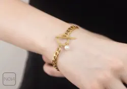 دستبند استیل کارتیر مروارید قفل تی