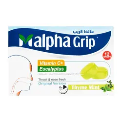 آبنبات مکیدنی با طعم نعنا آویشن حاوی اسانس طبیعی اکالیپتوس دارای ویتامین ث 12 عددی آلفا گریپ 9