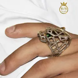 انگشتر نقره کله شیر طلایی طرح جواهر - فروشگاه سیلور تی تی