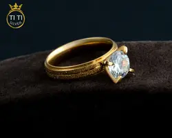 انگشتر استیل تک نگین سولیتر | نگین زیبا، ضد حساسیت | فروشگاه سیلور تی تی