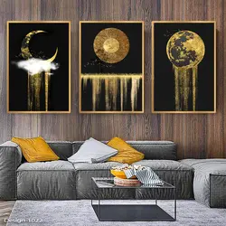 تابلو دکوراتیو طلایی زیبا سه تکه طرح ماه مدرن دیوارکوب