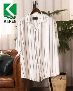 پیراهن سایز بزرگ یقه کوبایی ( راه راه ریز ) - کد 237