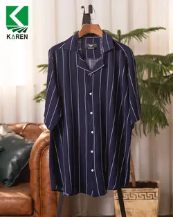 پیراهن سایز بزرگ یقه کوبایی ( راه راه ریز ) - کد 237