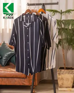 پیراهن سایز بزرگ یقه کوبایی ( راه راه درشت ) - کد 238