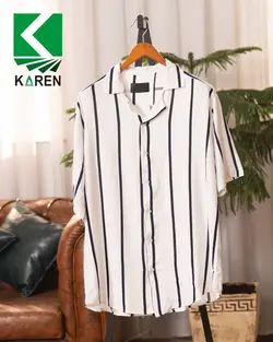 پیراهن سایز بزرگ یقه کوبایی ( راه راه درشت ) - کد 238