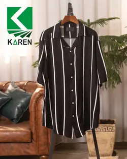 پیراهن سایز بزرگ یقه کوبایی ( راه راه درشت ) - کد 238