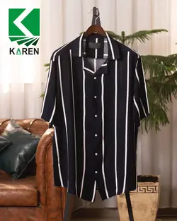 پیراهن سایز بزرگ یقه کوبایی ( راه راه درشت ) - کد 238