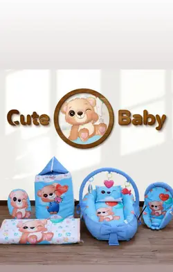 قیمت و خرید ست 7 تکه تشک بازی و غلتگیر مخمل طرح خرس و بادکنک آبی - سیسمونی آقابزرگ