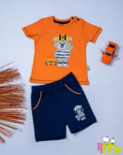 قیمت و خرید بلوز شورت نارنجی خرس و ماشین مهتا کد 1556 - سیسمونی آقابزرگ