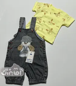 قیمت و خرید دو تیکه بلوز و پیشبندی لی گل ایران طرح سگ گوش برجسته ذغالی - سیسمونی آقابزرگ