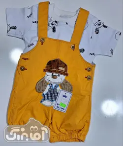 قیمت و خرید دو تیکه بلوز و پیشبندی کتان سگ کلاهدار گوش برجسته - سیسمونی آقابزرگ