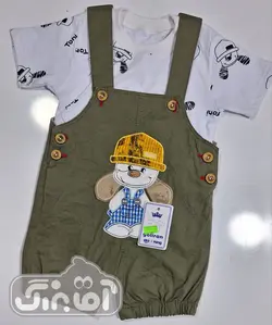 قیمت و خرید دو تیکه بلوز و پیشبندی کتان سگ کلاهدار گوش برجسته - سیسمونی آقابزرگ