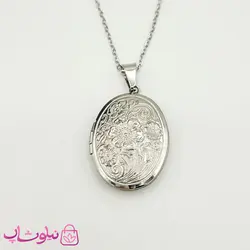 گردنبند لاکت بیضی طرح گل نقره ای