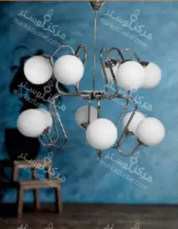 لوستر مولکولی ۱۲ شعله بدنه رنگ نقره ای حباب سفید ( ارسال 5 روز کاری )
