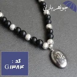 گردنبند حدید نقره ای عین علی و ستاره سلیمان با مهره های عقیق و حدید کد G_1384