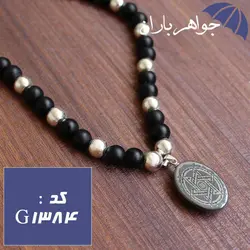 گردنبند حدید نقره ای عین علی و ستاره سلیمان با مهره های عقیق و حدید کد G_1384