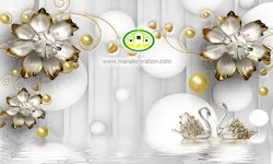 پوستردیواری گل طلایی سه بعدی با پس زمینه توپی طوسی رنگ کد 5004