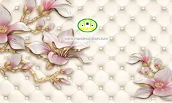 پوستردیواری گل صورتی سه بعدی با پس زمینه لمسه طلایی رنگ کد 5005