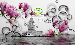 پوستردیواری گل صورتی سه بعدی و فانوس دریایی کد v12157