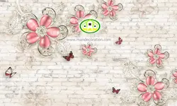 پوستردیواری گل صورتی سه بعدی بر روی دیوار آجری کرم رنگ کد v12156