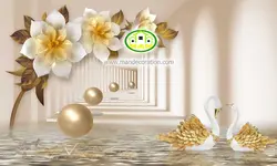 پوستردیواری گل طلایی و توپ طلایی سه بعدی کد 5094