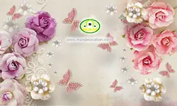 پوستردیواری گل صورتی سه بعدی زمینه طوسی رنگ کد 5406