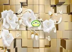 پوستردیواری گل سفید زمینه طلایی سه بعدی کد 13226