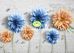 پوستردیواری گل آبی و نارنجی سه بعدی کد 13405