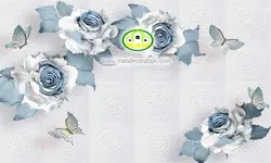 پوستردیواری آبرنگی گل آبی رنگ با زمینه کاشی طوسی کد 5115