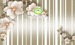 پوستردیواری گل صورتی با پس زمینه بژ راه راه سه بعدی کد 5016