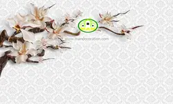 پوستردیواری گل صورتی سه بعدی زمینه داماسک طوسی رنگ کد 5074