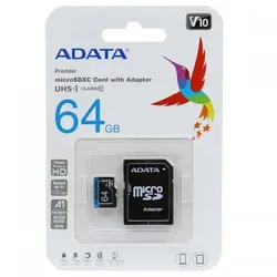 کارت حافظه میکرو ۶۴ گیگ ای دیتا ADATA Premier V10 U1 A1 100MB/s  با خشاب