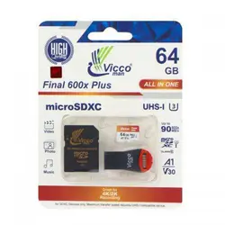 کارت حافظه میکرو ۶۴ گیگ ویکومن Vicco Final 600x C10 U3 90MB/s + رم ریدر