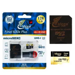 کارت حافظه ۱۲۸ گیگ ویکو Vicco Final 600x C10 U3 90MB/s + رم ریدر