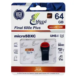کارت حافظه میکرو ۶۴ گیگ ویکومن Vicco Final 600x Plus A1 V30 U3 C10 90MB/s + رم ریدر