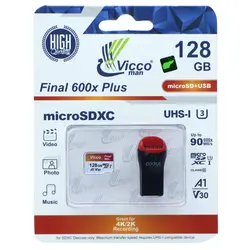 کارت حافظه ۱۲۸ گیگ ویکومن Vicco Man Final 600x Plus U3 C10 90MB/s بدون خشاب + رم ریدر