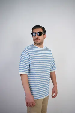 تیشرت مردانه بوکله طرح بافت کلاسیک اولد مانی مراکشی کوبایی سفید آبی کد 68651 - قیمت خرید زئوس