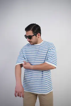 تیشرت مردانه بوکله طرح بافت کلاسیک اولد مانی مراکشی کوبایی سفید آبی کد 68651 - قیمت خرید زئوس