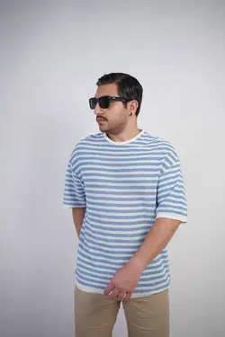 تیشرت مردانه بوکله طرح بافت کلاسیک اولد مانی مراکشی کوبایی سفید آبی کد 68651 - قیمت خرید زئوس