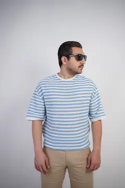 تیشرت مردانه بوکله طرح بافت کلاسیک اولد مانی مراکشی کوبایی سفید آبی کد 68651 - قیمت خرید زئوس