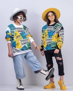 بلوز تک اسپرت قواره لش طرح روزنامه ای کد 1013 - عمده فروشی لباس بچه‌گانه اکوبازار