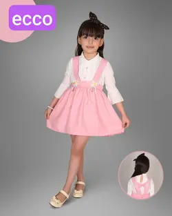 فروش عمده شومیز دامن دخترانه بند دار مدل گل دار سفید صورتی