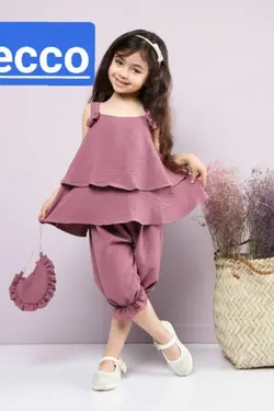 سه تیکه سارافون شلوارک پاپیونی کیف دار ابروبادی - عمده فروشی لباس بچه‌گانه اکوبازار