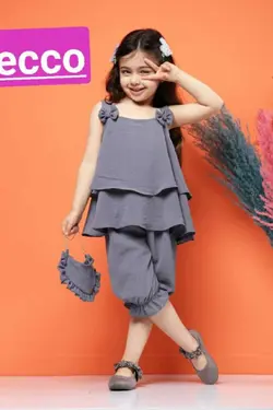 سه تیکه سارافون شلوارک پاپیونی کیف دار ابروبادی - عمده فروشی لباس بچه‌گانه اکوبازار