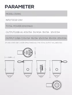 شارژر فندکی فست شارژ Ldnio C509Q 5A QC4+ PD3.0 30W + کابل تایپ سی