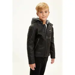 قیمت و خرید کاپشن چرم کلاه دار پسرانه دفکتو کد 47025 | بانی استایل