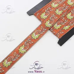 خرید نوار سنتی هندی 3 سانت قهوه ای طرح بته جقه و برگ سبز - خرازی یاس